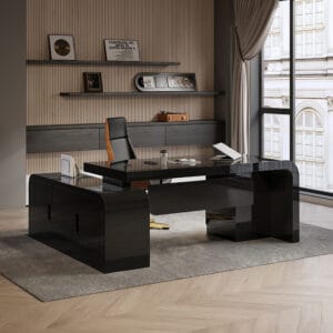 Sculptural L-shaped executive desk designed for organized work in a home office.