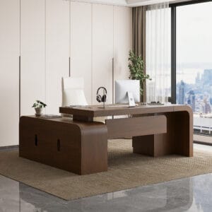 Sculptural L-shaped executive desk designed for organized work in home offices.