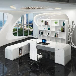 Sculptural L-shaped modern computer desk provides ample storage and an executive feel.