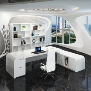 Sculptural design of a modern L-shaped executive desk with generous storage for home offices.