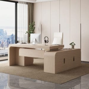 Sculptural L-shaped modern computer desk designed for focused work and organized storage.