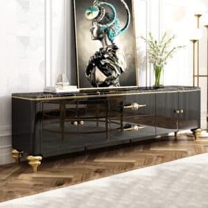 Sophisticated black tv stand luxury featuring a marble top and gold accents.