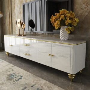 Elegant white tv stand featuring a marble surface and gold accents for modern living rooms.