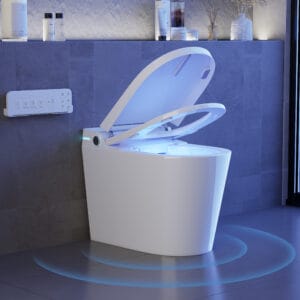 Floor-mounted smart bidet toilet featuring auto open/close lid and heated seat.