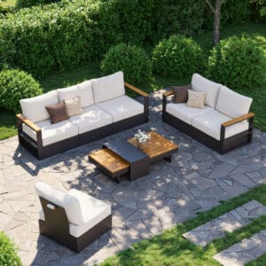 Relaxing Tevara modern modular outdoor sectional sofa set with teak accents and weather-friendly materials.