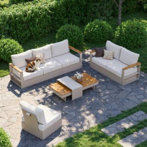 Relaxing outdoor sectional sofa set featuring teak accents and weather-resistant materials.