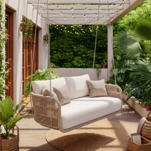Relax in comfort on the Costra outdoor hanging swing chair, featuring a durable aluminum frame.