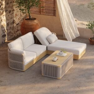 Coastal-inspired outdoor chaise sofa set featuring handwoven rope and rust-resistant aluminum frame.