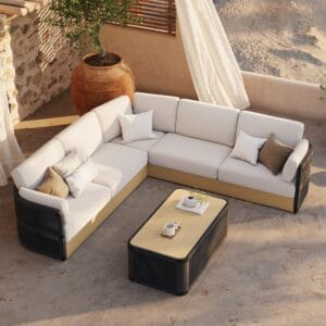 Coastal-inspired L-shaped set featuring the Costra Handwoven Rope Sofa for modern outdoor living.