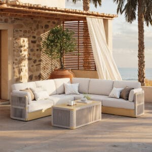 Coastal-inspired outdoor L-shaped sofa crafted from weather-resistant materials for patio relaxation.