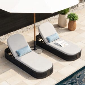 Luxurious outdoor aluminum chaise lounge set featuring a rust-resistant frame and plush cushion.