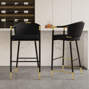 Cranis Counter Stool features a black velvet bar stool design with armrests and a full back.