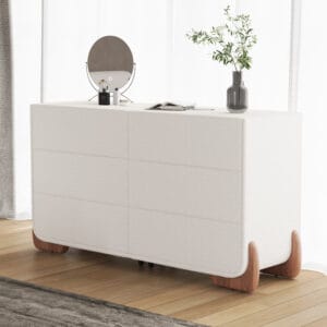 Cozy Curva 63 inch dresser featuring boucle fabric and ash wood legs for organization.