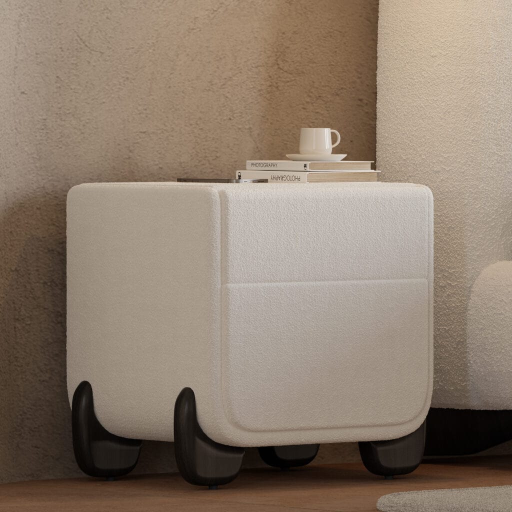 Cozy modern Curva boucle nightstand featuring two drawers and built-in USB charging.