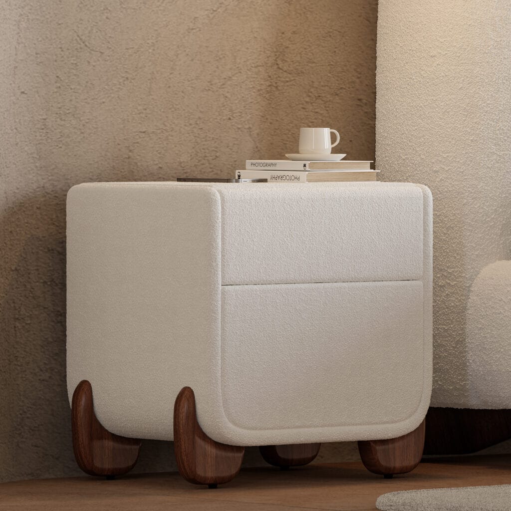Cozy modern Curva Smart Boucle Nightstand featuring two drawers and built-in USB charging.