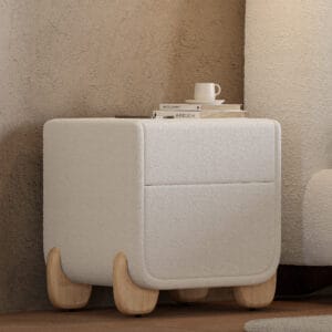 Cozy modern Curva Boucle Nightstand featuring two drawers and built-in USB charging.