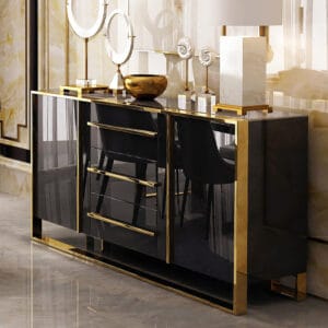 Cylina sideboard features organized storage as a glossy black buffet sideboard for dining essentials.