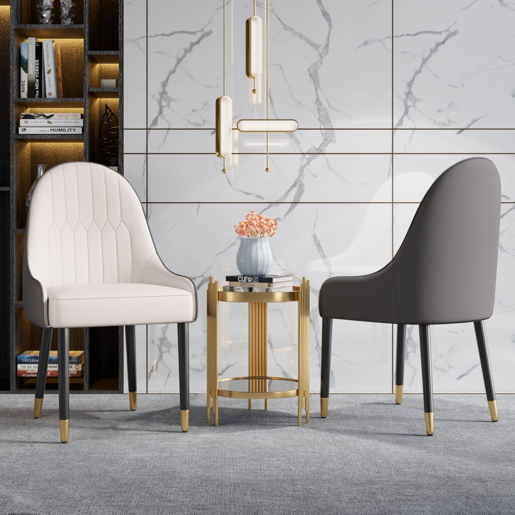 Curved full-back modern dining chairs white gray provide comfort and stability for small spaces.