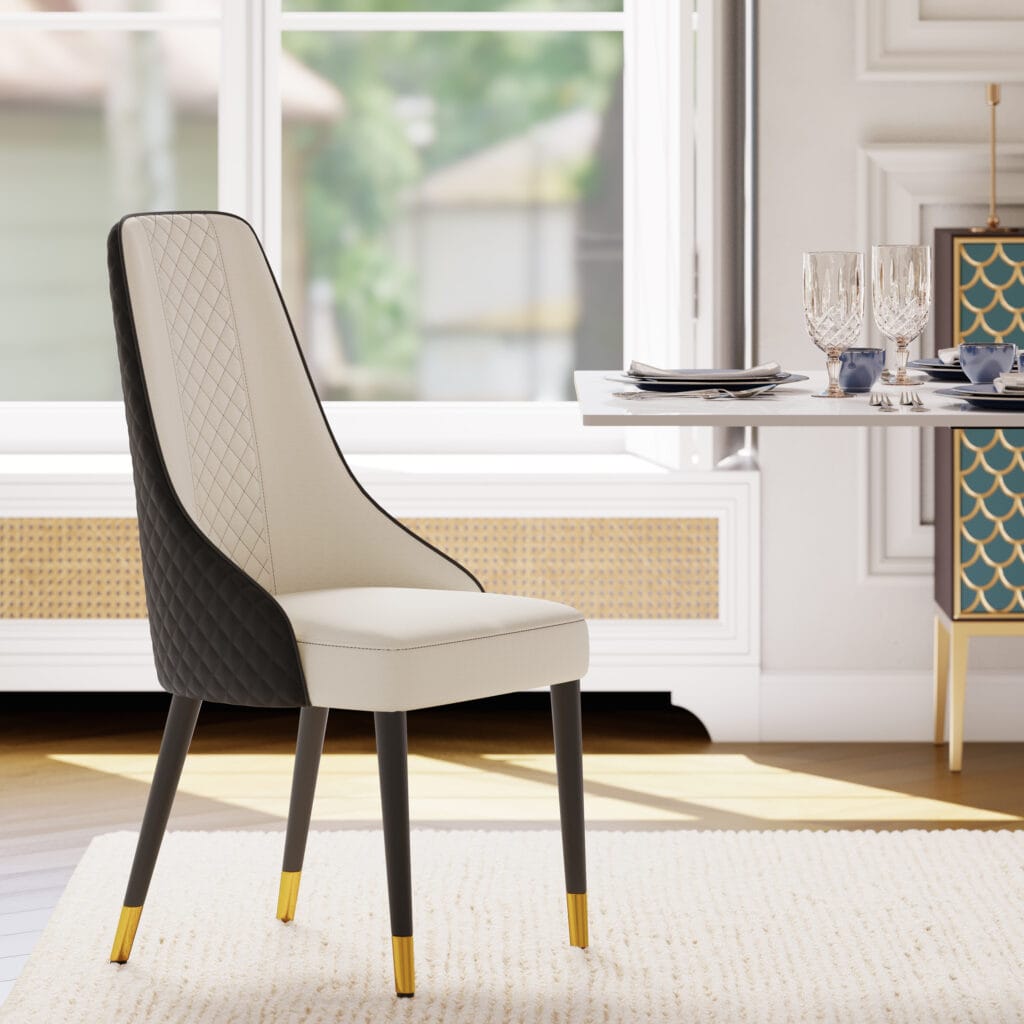 Comfortable faux leather dining chairs with a supportive high back for long meals.