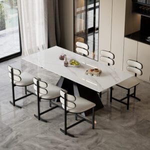 Comfortable modern dining chairs set of 6 with faux leather upholstery and metal legs.