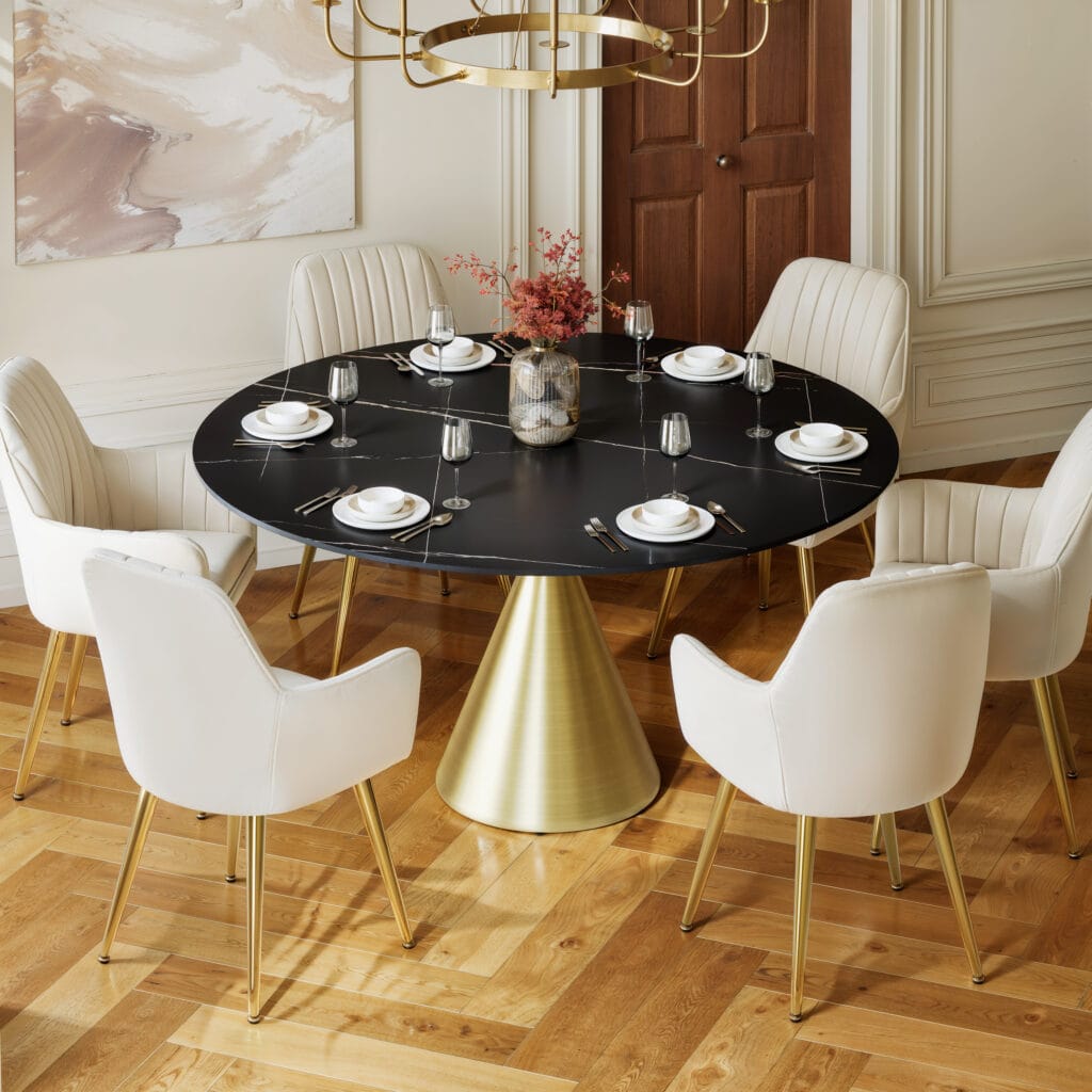 Round dining table featuring a sintered stone surface in glossy or matte finishes ideal for a Sintered Stone Dining Set.