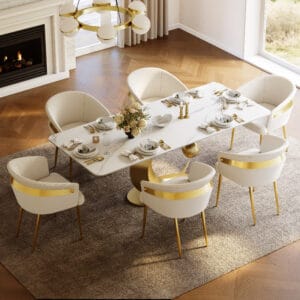 Modern 71.3" rectangle sintered stone dining set with a white gold finish.