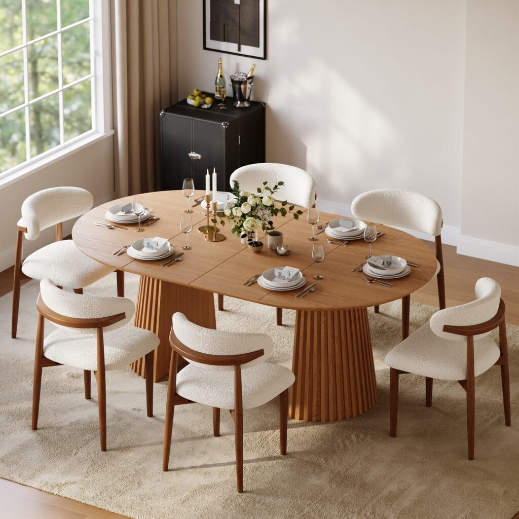 Dining Room Furniture 4 Elegant solid wood extendable dining table featuring a smooth top and fluted pedestal bases.