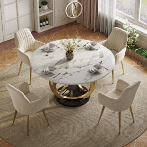 Sintered stone table and golden pedestal base in a modern dining table set.
