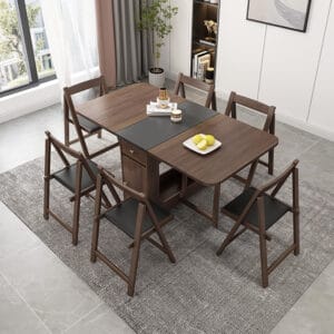Modern five-piece dining table set walnut featuring foldable table and sleek side chairs.