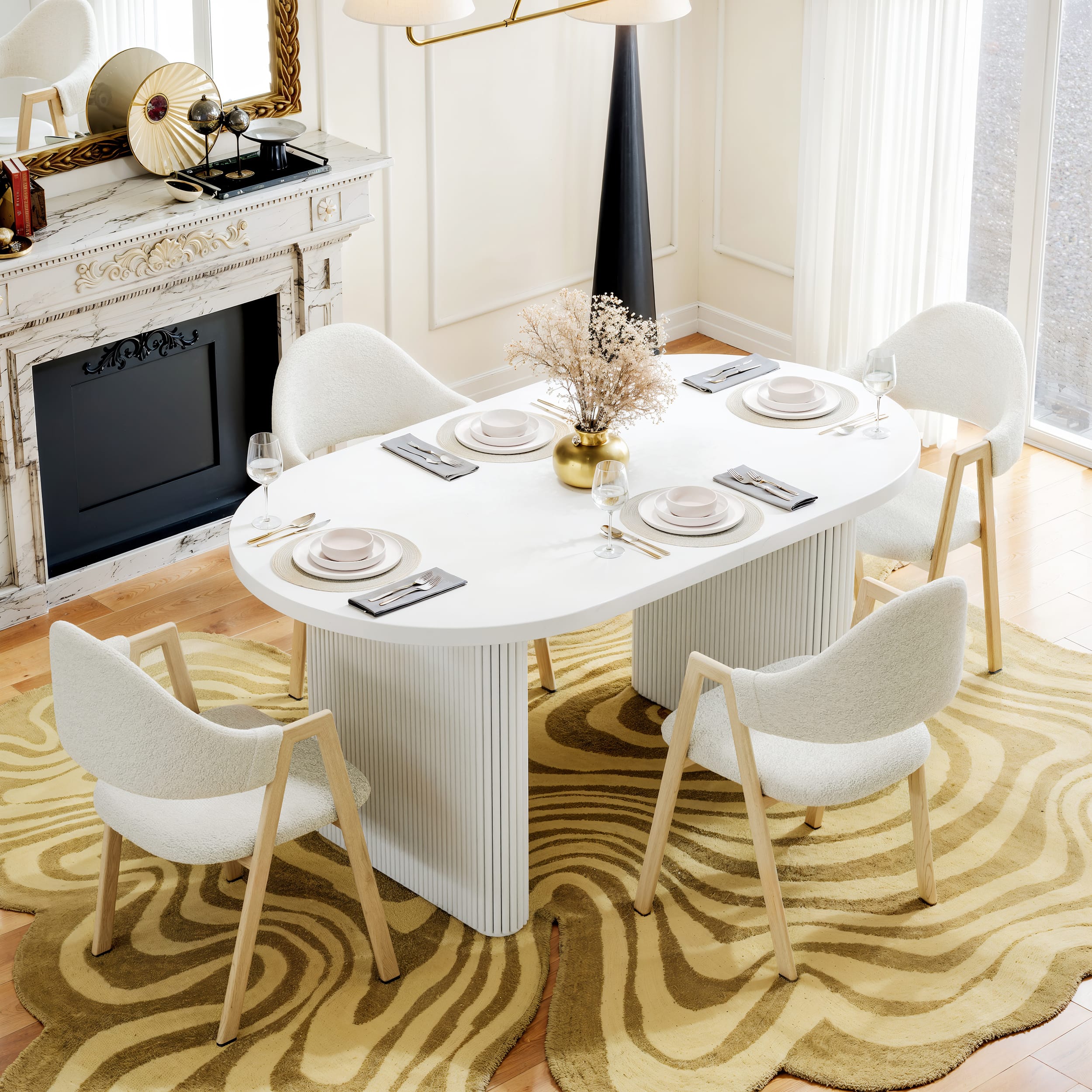 Comfortable Extendable Dining Table Set 1 Stylish Japandi dining chair made with wood and faux leather for an extendable dining table set.