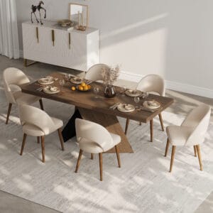 Stylish dining table set 6 chairs with walnut top and black base for modern farmhouse decor.