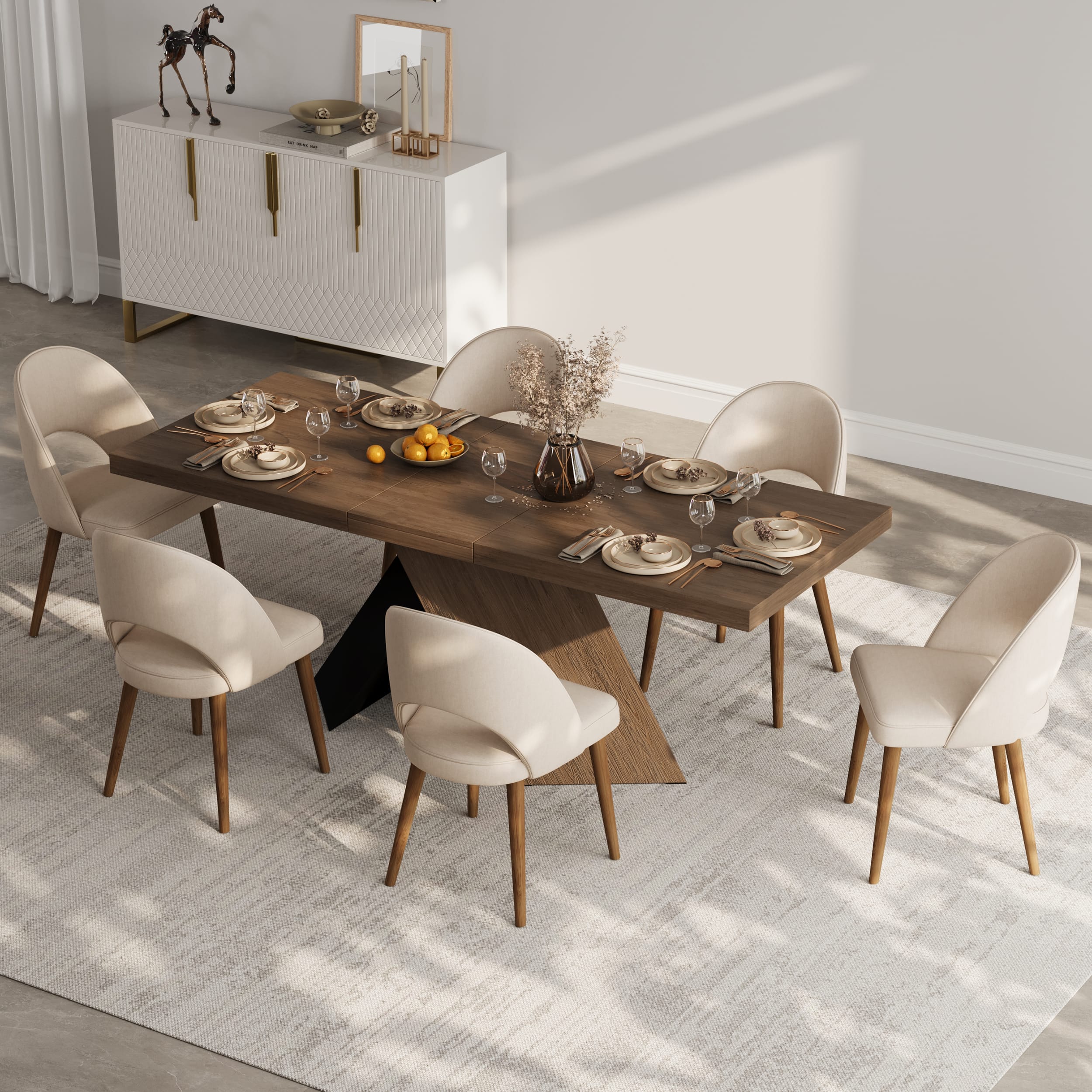Luxurious Dining Table Set 6 Chairs 1 Stylish dining table set 6 chairs with walnut top and black base for modern farmhouse decor.