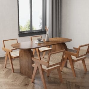 Sleek oval solid wood dining table set designed for four, safe for families.