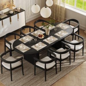 Japandi Dining Chair featuring wood, faux leather, and rattan accents, complements a dining table set oval black.