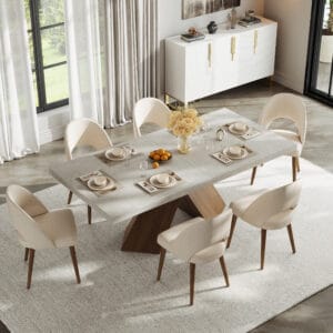 Modern farmhouse dining table set with a walnut top and black base, seats 6-8.