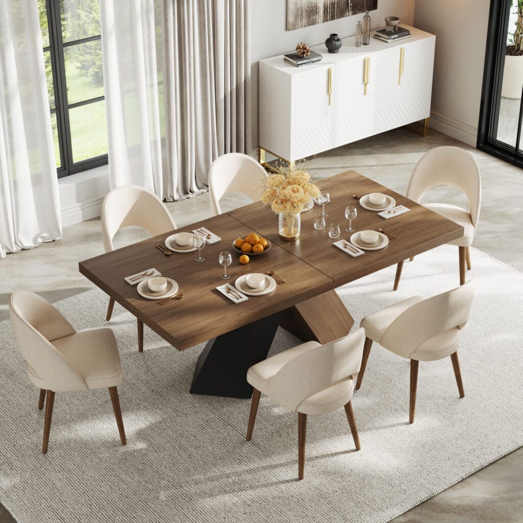Modern farmhouse extendable dining table set with walnut top and black base.