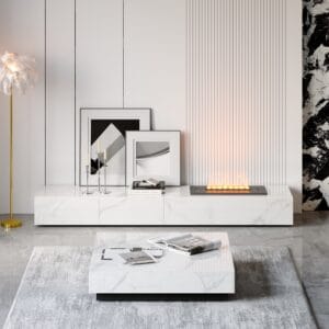 Stylish marble-inspired stone coffee table with two drawers, perfect for an Electric Fireplace Humidifier TV Stand.