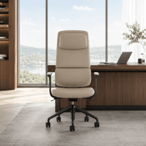 Ergonomic leather office chair features high back, reclining support, and adjustable headrest.