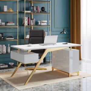 Elegant executive office desk with storage featuring durable wood-metal structure and built-in cabinet.