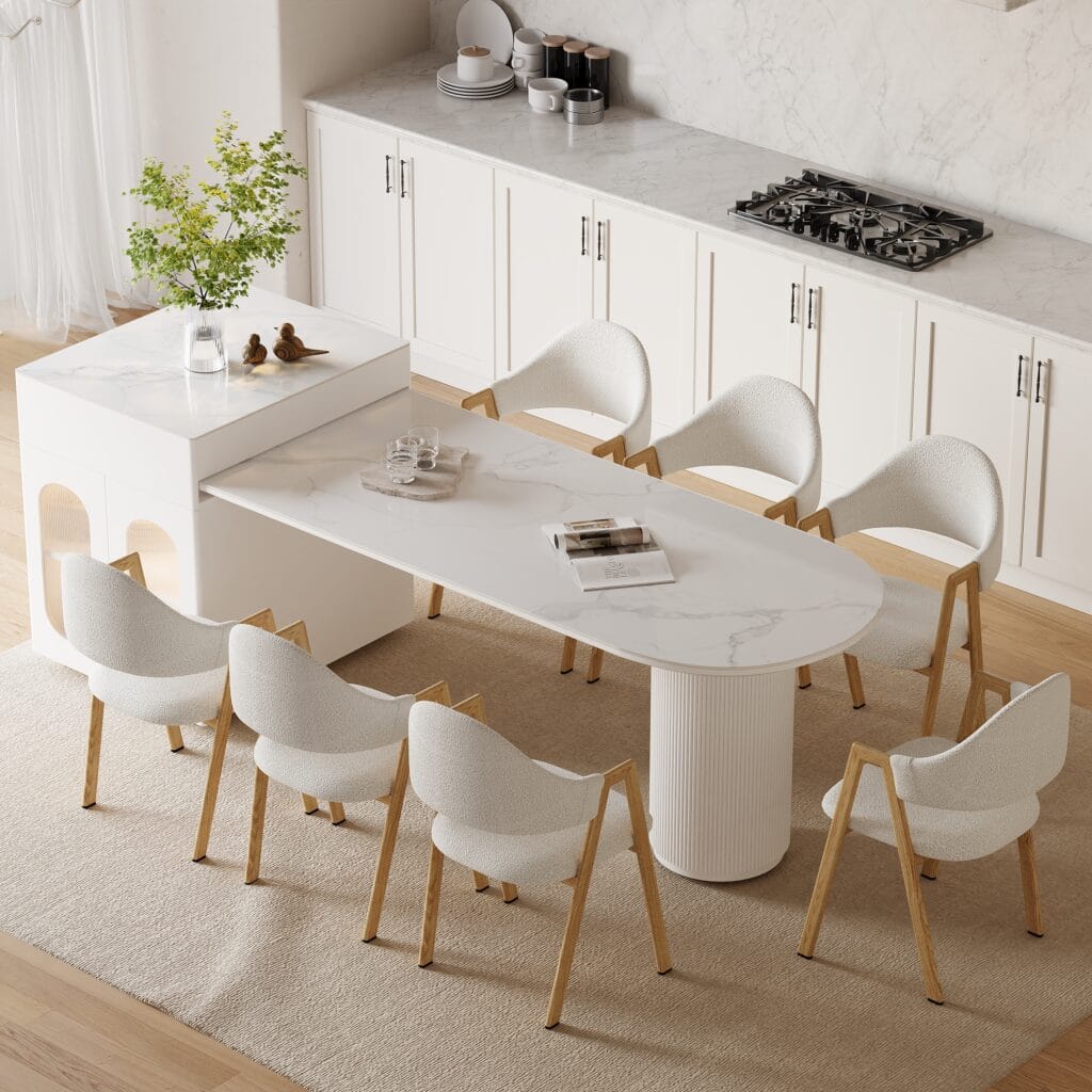 The Sicotas Collection 52 Expandable kitchen island with sintered stone top, storage cabinets, and LED lighting.
