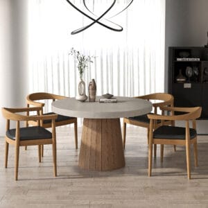 Elegant Japandi dining table set in gray walnut finish, extending from round to oval.
