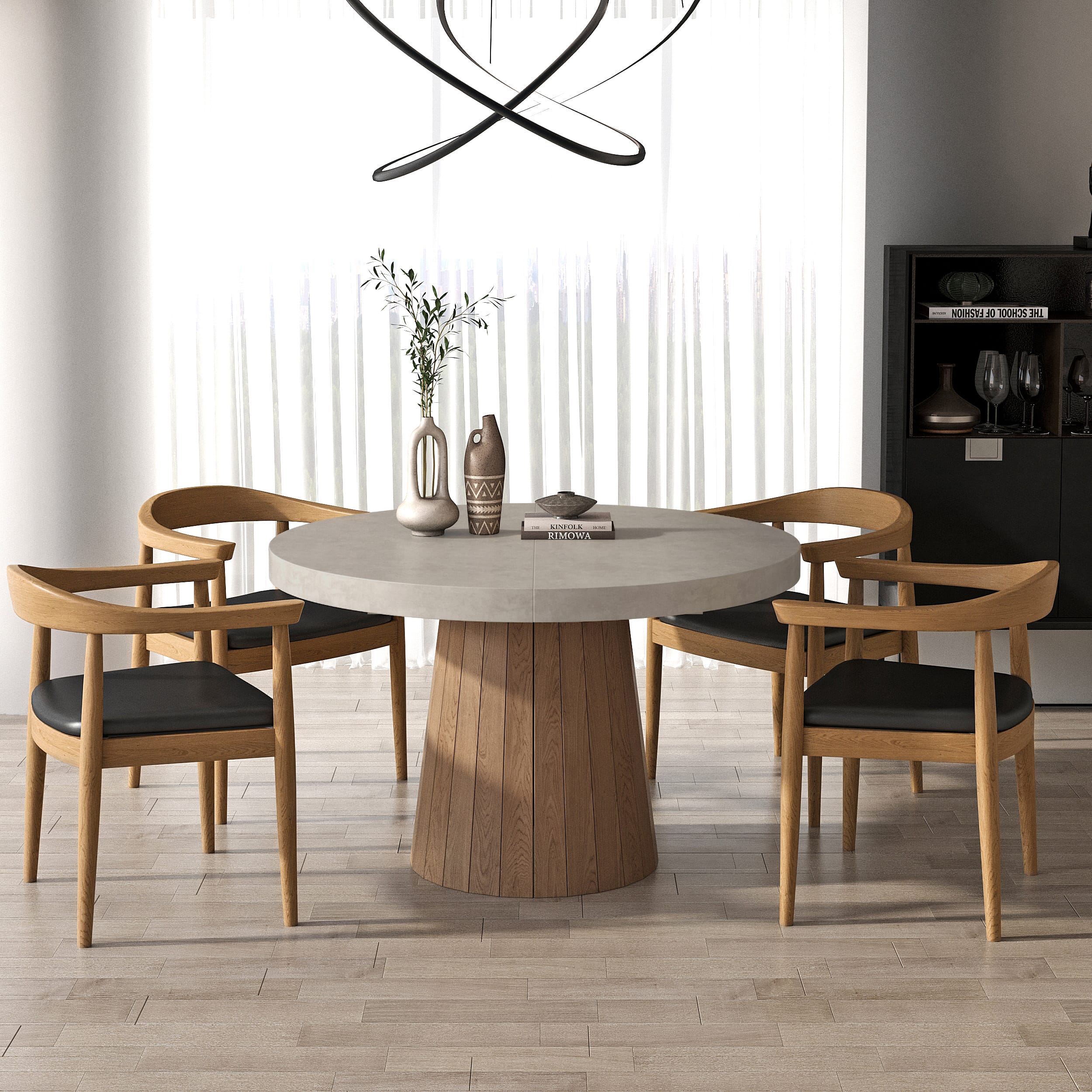 Japandi Dining Table Set With Strong Walnut Chairs 1 Elegant Japandi dining table set in gray walnut finish, extending from round to oval.