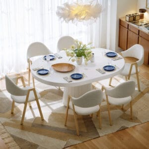 Stylish Japandi dining table set with a durable solid wood design and elegant gray walnut finish.