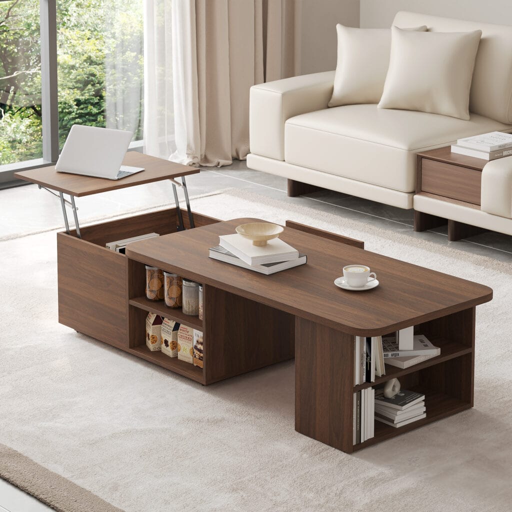 Versatile lift top coffee table expands from 47" to 63" for small spaces.