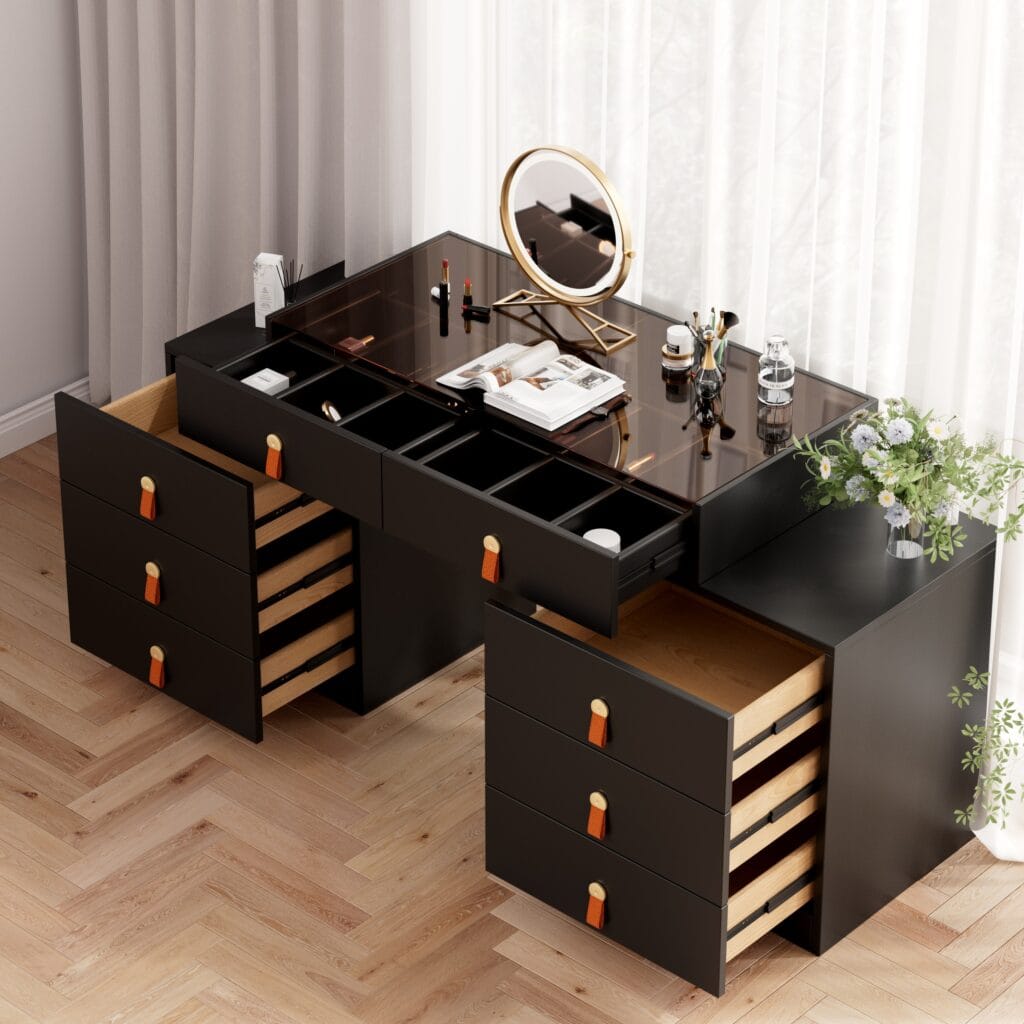 Bedroom Furniture 38 Elegant makeup vanity with jewelry storage features a tempered glass top and stylish drawers.