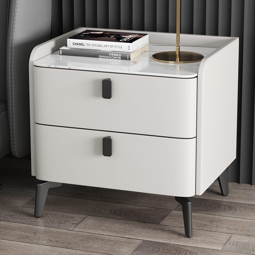 Nightstands 7 Sleek modern white faux leather nightstand featuring two spacious drawers and a stone top.