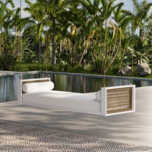 Experience ultimate relaxation on this modern outdoor swing daybed with plush cushions.