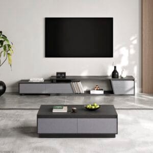 Stylish mid century modern tv stand and coffee table set with hidden storage options.