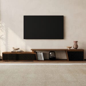 Stylish Fero Minimalist TV Stand expands from 71" to 110" with three soft-close drawers.