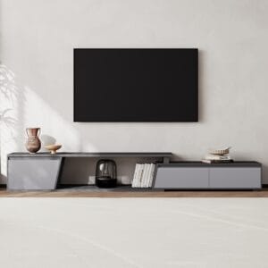 Elegant Fero TV stand expanding from 71" to 110" with three soft-close drawers.